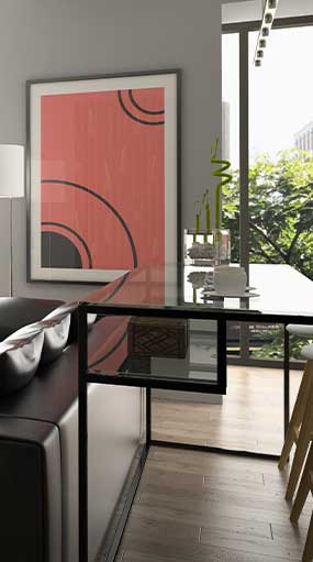 Stylish home remodeling with contemporary furniture and decor. Bright, airy space with large windows and artwork.