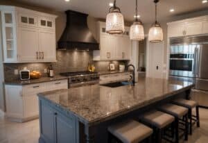 Spacious kitchen with granite island, stylish pendant lighting, and stainless steel appliances.