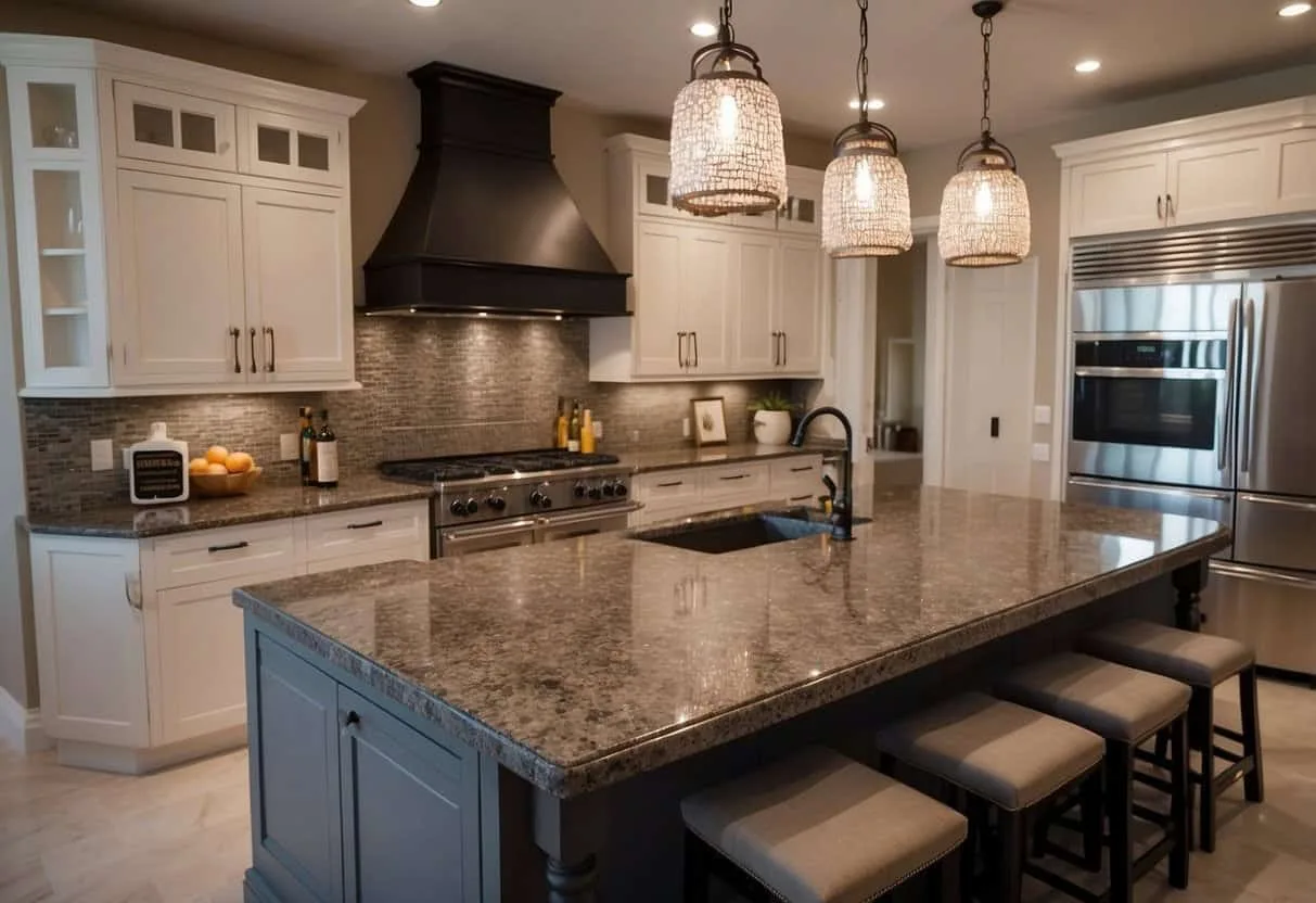 Spacious kitchen with granite island, stylish pendant lighting, and stainless steel appliances.