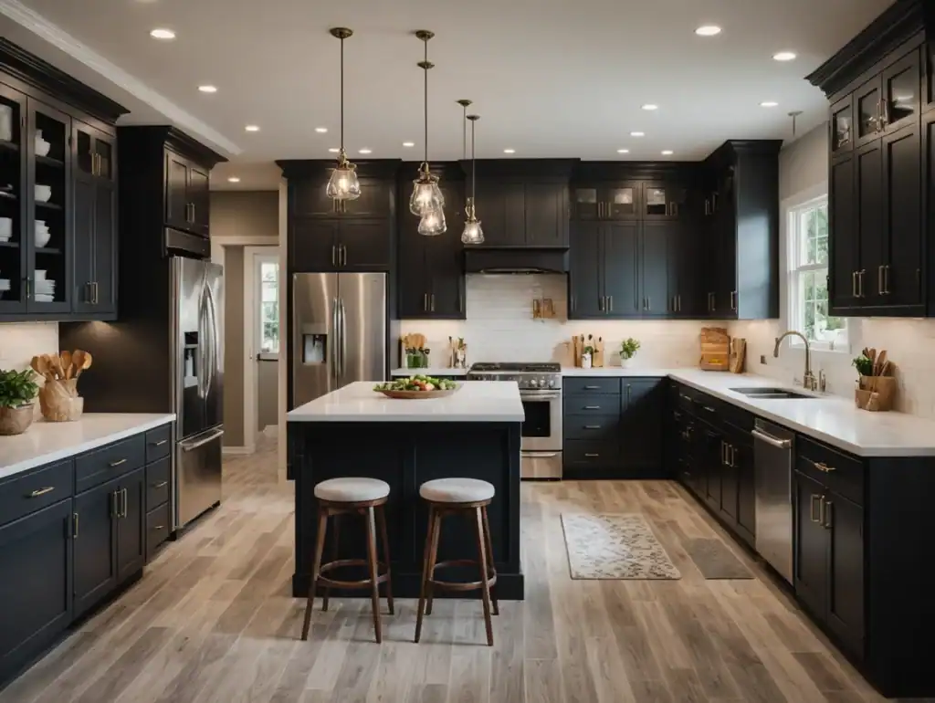 Modern black kitchen cabinets with stainless steel appliances and white quartz countertops.
