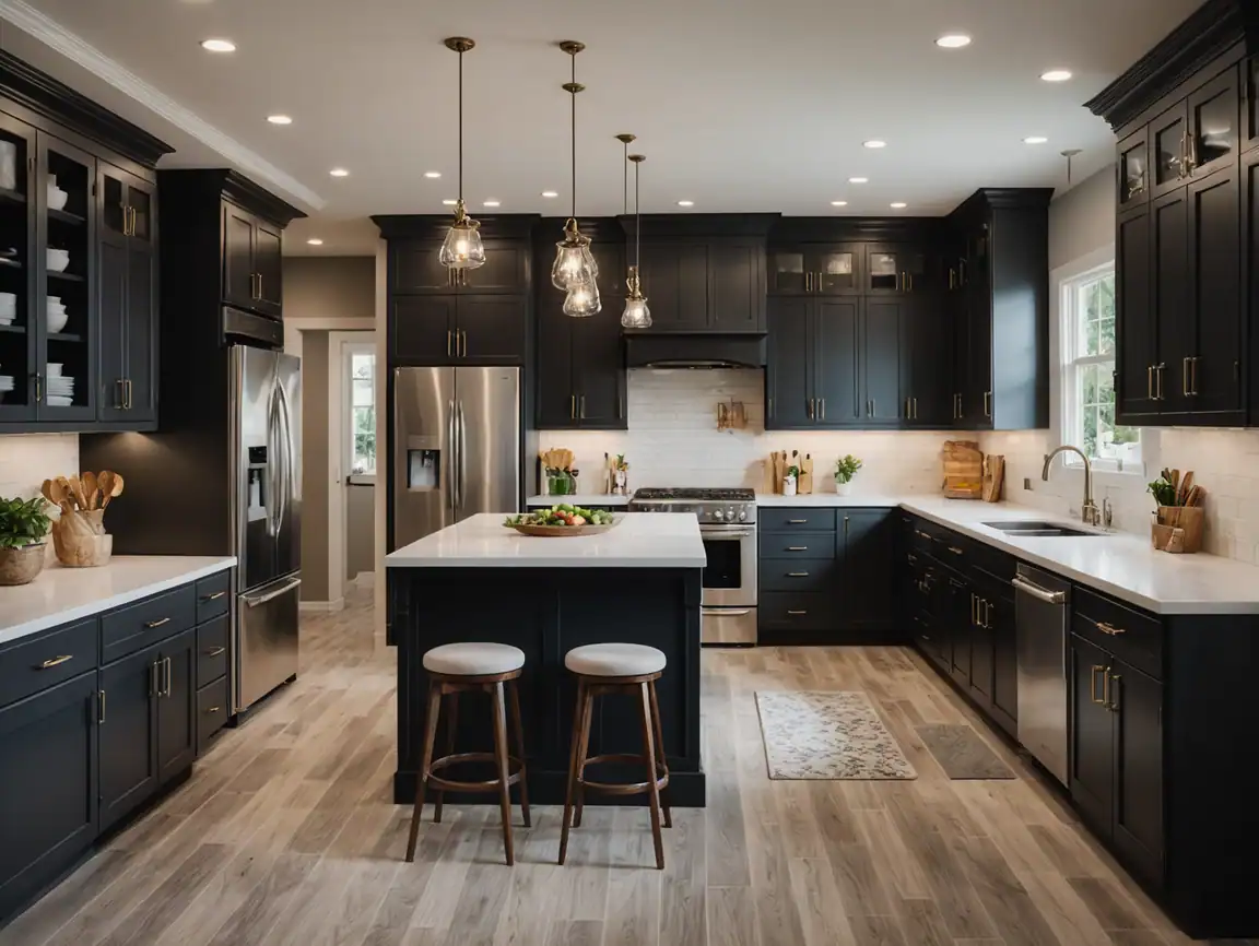 Modern black kitchen cabinets with stainless steel appliances and white quartz countertops.