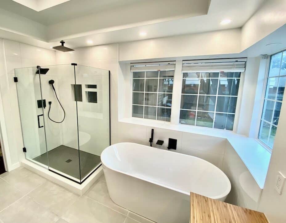Bathroom renovation with stylish shower and tub for upscale home remodeling.
