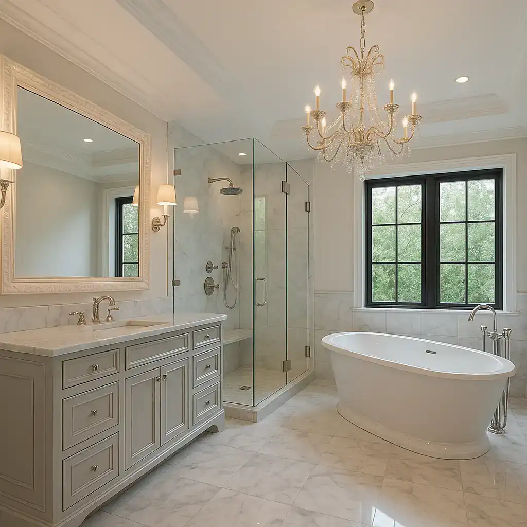 Beautiful modern bathroom with bathtub and glass shower.
