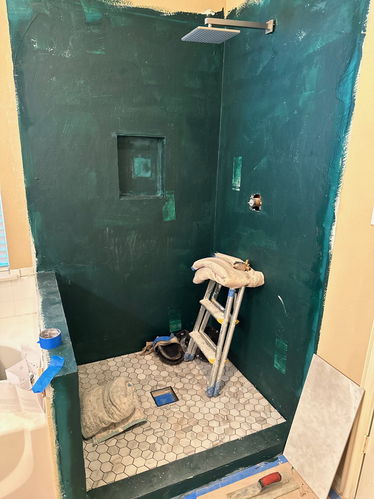 Shower waterproofing membrane installed during a Salvation Home Remodeling bathroom remodel in progress