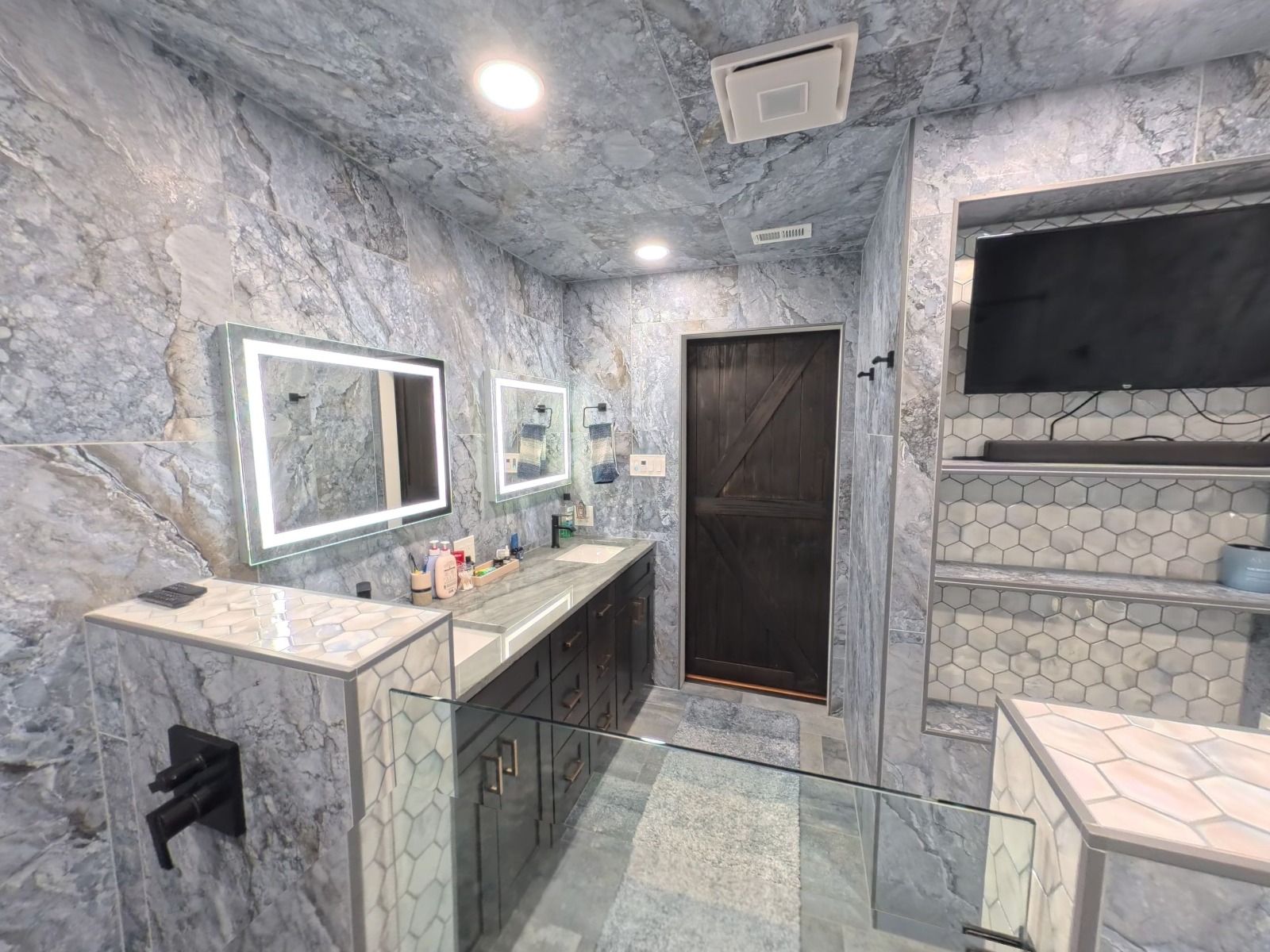 Interior still from the 360 virtual tour of a completed master bathroom remodel in Fort Worth, TX by Salvation Home Remodeling