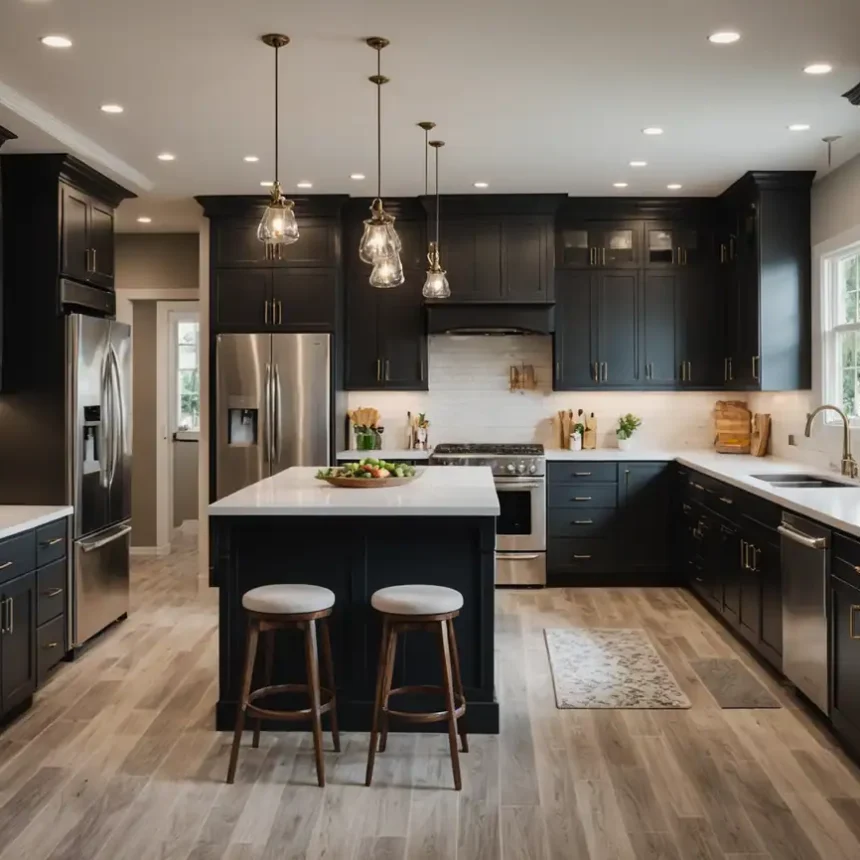 Modern black kitchen cabinets with stainless steel appliances and white quartz countertops.