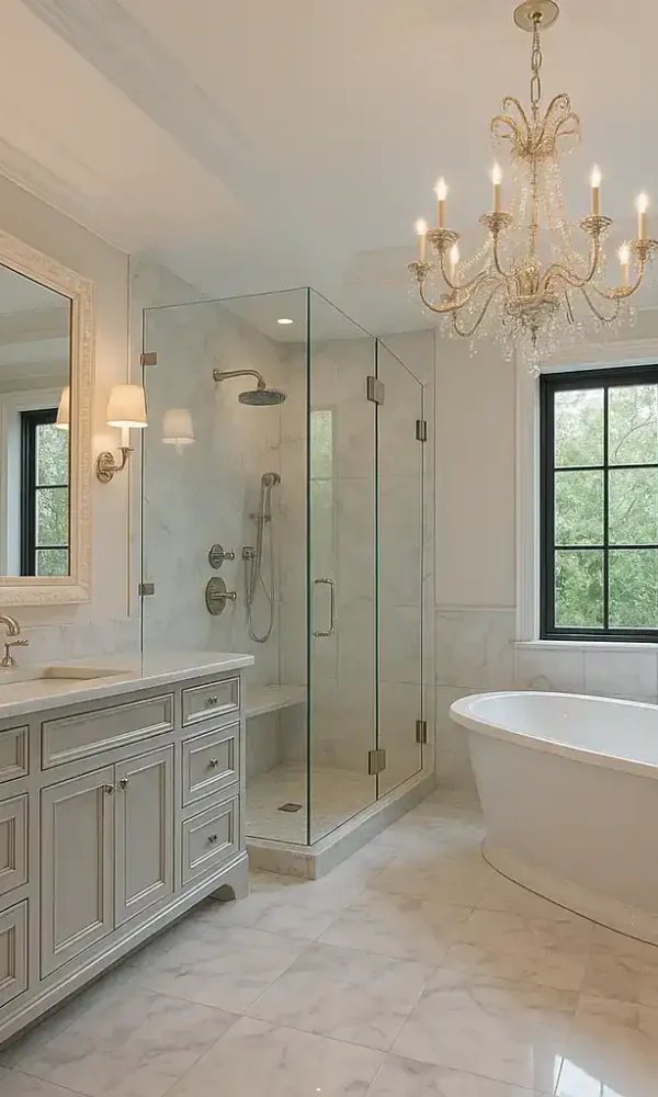 Beautiful modern bathroom with bathtub and glass shower.